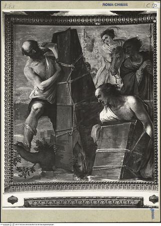 Vorderseite von ICCD [https://www.deutsche-digitale-bibliothek.de/content/lizenzen/rv-ez/] Freskenzyklus im ChorLeben und Martyrien der vier bzw. fünf gekrönten Bildhauer bzw. Steinmetze  aus PannonienDie Särge der Märtyrer werden im Fluss versenkt - Gesamtansicht, bh167189_recto. Foto.