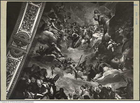 Vorderseite von ICCD [https://www.deutsche-digitale-bibliothek.de/content/lizenzen/rv-ez/] Freskenzyklus im ChorDie Heilige Dreifaltigkeit, Engel und Heilige - Ausschnitt: linkes Drittel der Kalotte, bh167223_recto. Foto.