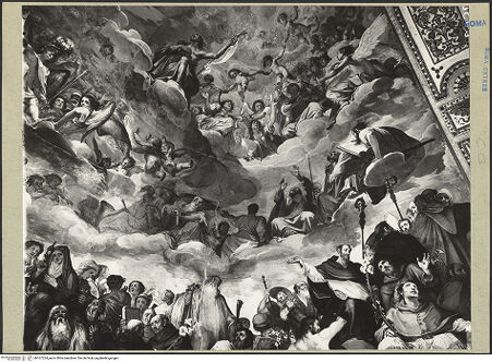 Vorderseite von ICCD [https://www.deutsche-digitale-bibliothek.de/content/lizenzen/rv-ez/] Freskenzyklus im ChorDie Heilige Dreifaltigkeit, Engel und Heilige - Ausschnitt: rechtes Drittel der Kalotte, bh167224_recto. Foto.