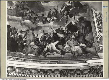 Vorderseite von ICCD [https://www.deutsche-digitale-bibliothek.de/content/lizenzen/rv-ez/] Freskenzyklus im ChorDie Heilige Dreifaltigkeit, Engel und Heilige - Ausschnitt: Ecke rechts unten (u.a. Hll. Onupphrius ?, Andreas, Dominikus, Franziskus, Karl Borromäus?) und Signatur, bh167225_recto. Foto.