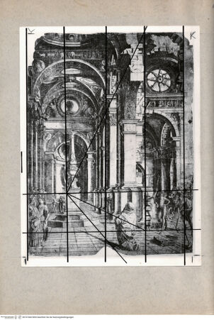 Vorderseite von unbekannt [http://creativecommons.org/publicdomain/mark/1.0/] "Tempio in rovina" (Architekturzeichnung mit Figuren); der Nachstich Prevedaris nach der Zeichnung Bramantes mit eingezeichnetem Kompositionsschema - , bh167466. Foto.