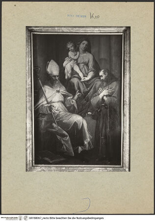 Vorderseite von ICCD (GFN) [https://www.deutsche-digitale-bibliothek.de/content/lizenzen/rv-ez/] Madonna mit den Heiligen Franziskus von Assisi und Augustinus - Gesamtansicht, bh168067_recto. Foto.