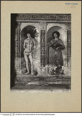 Vorderseite von ICCD [https://www.deutsche-digitale-bibliothek.de/content/lizenzen/rv-ez/] Madonna zwischen den Heiligen Modestus und Creszentia, darunter die Heiligen Vitus, Margarethe und Sebastian - Die Heiligen Margarethe und Sebastian, bh168076_recto. Foto.