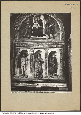 Vorderseite von ICCD [https://www.deutsche-digitale-bibliothek.de/content/lizenzen/rv-ez/] Madonna zwischen den Heiligen Modestus und Creszentia, darunter die Heiligen Vitus, Margarethe und Sebastian - Gesamtansicht, bh168078_recto. Foto.