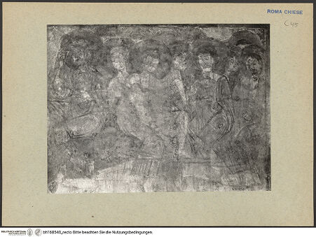 Vorderseite von ICCD [https://rightsstatements.org/page/CNE/1.0/] Szenen aus dem Leben und der Passion Christi, verschiedene Märtyrer und Szenen aus der Vita der Heiligen Urban und CaeciliaVita und Passion Christi - Christus wäscht den Aposteln die Füße, Ausschnitt: Apostel, bh168540_recto. Foto.