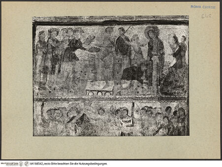 Vorderseite von ICCD [https://rightsstatements.org/page/CNE/1.0/] Szenen aus dem Leben und der Passion Christi, verschiedene Märtyrer und Szenen aus der Vita der Heiligen Urban und CaeciliaVita und Passion Christi - Oben: Handwaschung des Pilatus, Geißelung Christi, unten: Kreuztragung, Judaskuss (Ausschnitt), bh168542_recto. Foto.