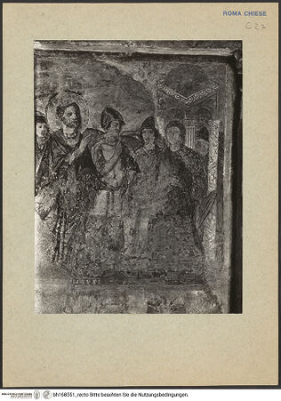 Vorderseite von ICCD [https://rightsstatements.org/page/CNE/1.0/] Szenen aus dem Leben und der Passion Christi, verschiedene Märtyrer und Szenen aus der Vita der Heiligen Urban und CaeciliaVita der Heiligen Urban und Caecilia - Der heilige Urban vor Almachius, Detail: Der thronende Almachius und Urban, bh168551_recto. Foto.