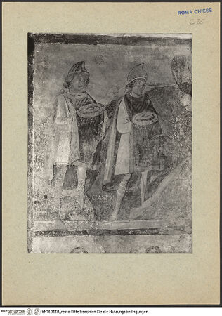 Vorderseite von ICCD [https://rightsstatements.org/page/CNE/1.0/] Szenen aus dem Leben und der Passion Christi, verschiedene Märtyrer und Szenen aus der Vita der Heiligen Urban und CaeciliaVita und Passion Christi - Die Anbetung der drei heiligen Könige, Ausschnitt: linke Bildhälfte, bh168558_recto. Foto.