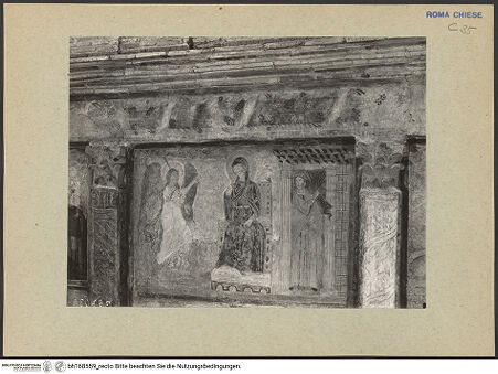 Vorderseite von ICCD [https://rightsstatements.org/page/CNE/1.0/] Szenen aus dem Leben und der Passion Christi, verschiedene Märtyrer und Szenen aus der Vita der Heiligen Urban und CaeciliaVita und Passion Christi - Die Verkündigung an Maria mit dem die Szene rahmenden Fries, bh168559_recto. Foto.