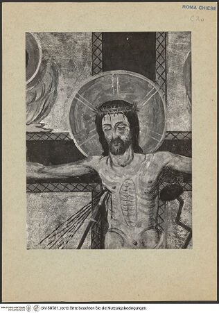 Vorderseite von ICCD [https://rightsstatements.org/page/CNE/1.0/] Szenen aus dem Leben und der Passion Christi, verschiedene Märtyrer und Szenen aus der Vita der Heiligen Urban und CaeciliaVita und Passion Christi - Kreuzigung, Detail: Kopf und Oberkörper Christi, bh168581_recto. Foto.