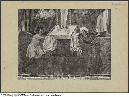 Vorderseite von ICCD [https://rightsstatements.org/page/CNE/1.0/] Szenen aus dem Leben und der Passion Christi, verschiedene Märtyrer und Szenen aus der Vita der Heiligen Urban und CaeciliaVita und Passion Christi - Kreuzigung, Detail: Figuren zu Füßen Christi und Künstlersignatur, bh168582_recto. Foto.