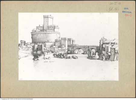 Vorderseite von unbekannt [https://www.deutsche-digitale-bibliothek.de/content/lizenzen/rv-ez/] Codex EscurialensisAnsicht der Engelsburg und Engelsbrücke vom rechten Ufer aus - , bh168699_recto. Foto: Kaster, ?.