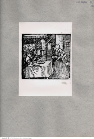 Vorderseite von British Museum [http://creativecommons.org/publicdomain/mark/1.0/] Catalina kehrt mit ihrem Kind heim zu ihrem Ehemann (Holzschnitt), Illustration zu Juan Luis Vives "Von underweysung ayner Christlichen Frauwen" (Augsburg, Steiner 1544) - , bh170929. Foto.