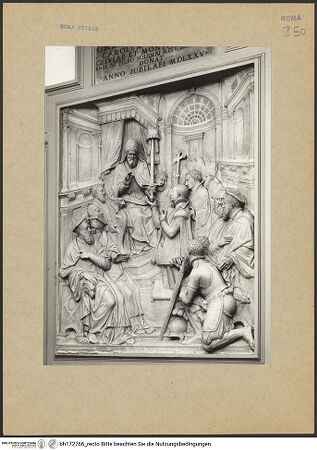 Vorderseite von Bibliotheca Hertziana [https://www.deutsche-digitale-bibliothek.de/content/lizenzen/rv-fz/] Papst Gregor XIII. ehrt den Erbprinzen Karl Friedrich von Jülich-Kleve-Berg mit Schwert und Pileus - , bh172766_recto. Foto.