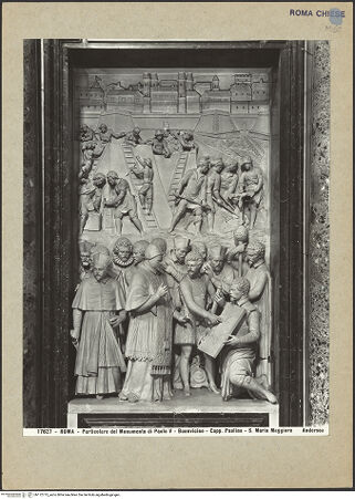 Vorderseite von Alinari (Anderson) [https://www.deutsche-digitale-bibliothek.de/content/lizenzen/rv-ez/] Grabmal Pauls V.rechtes Relief: Der Papst besichtigt den Festungsbau in Ferrara - Gesamtansicht, bh172775_recto. Foto.