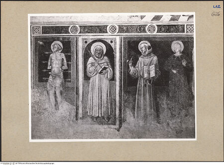 Vorderseite von Getty Research Institute [https://www.deutsche-digitale-bibliothek.de/content/lizenzen/rv-ez/] Szenen aus dem Leben Christi sowie HeiligengalerieHeiliger Bischof; heiliger Sebastian; heiliger Benedikt; die heiligen Bernhard und Lucia - Gesamtansicht (nach der Restaurierung), bh175366_recto. Foto: Hutzel, Max.