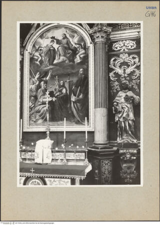 Vorderseite von Getty Research Institute [https://www.deutsche-digitale-bibliothek.de/content/lizenzen/rv-ez/] Altar - Teilansicht: Altarbild (Marienkrönung) und rechte Statue, bh176956_recto. Foto: Hutzel, Max.