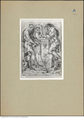 Vorderseite von Kress Foundation [https://www.deutsche-digitale-bibliothek.de/content/lizenzen/rv-fz/] Drei Männer um einen antiken Altar - , bh177382_recto. Foto.