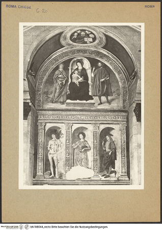 Vorderseite von Bibliotheca Hertziana [https://www.deutsche-digitale-bibliothek.de/content/lizenzen/rv-fz/] Madonna zwischen den Heiligen Modestus und Creszentia, darunter die Heiligen Vitus, Margarethe und Sebastian - Gesamtansicht, bh180044_recto. Foto: Rigamonti.