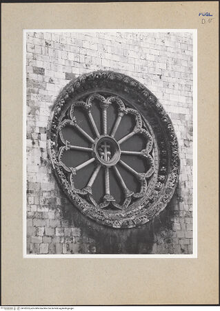 Vorderseite von ICCD [https://www.deutsche-digitale-bibliothek.de/content/lizenzen/rv-ez/] CattedraleWestfassade - Rosette über dem Mittelportal (restauriert), bh182323_recto. Foto.