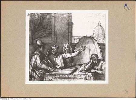 Vorderseite von Gabinetto Disegni e Stampe degli Uffizi [https://rightsstatements.org/page/CNE/1.0/] Vincenzo Borghini erläutert Francesca und Federico Zuccari sein Programm für die Ausmalung der Florentiner Domkuppel - , bh182608_recto. Foto.