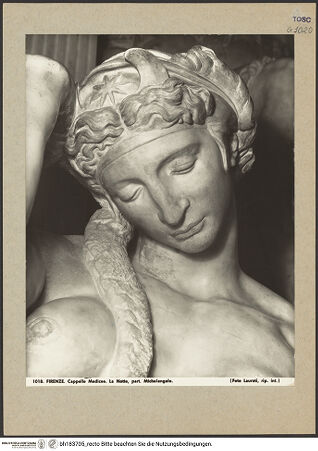 Vorderseite von Laurati [https://www.deutsche-digitale-bibliothek.de/content/lizenzen/rv-ez/] Grabmal des Giuliano de'Medici, Herzog von NemoursDie Nacht - Detail: Kopf, bh183705_recto. Foto: Laurati.