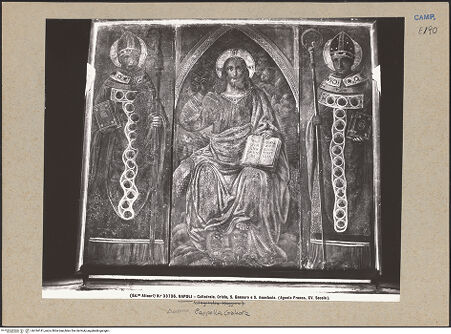 Vorderseite von Alinari [https://www.deutsche-digitale-bibliothek.de/content/lizenzen/rv-ez/] Christus zwischen den heiligen Januarius und Athanasius - Gesamtansicht, bh184141_recto. Foto.