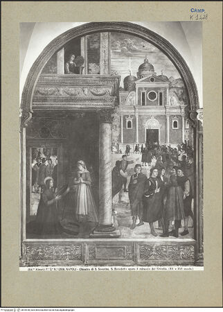 Vorderseite von Alinari [https://www.deutsche-digitale-bibliothek.de/content/lizenzen/rv-ez/] Szenen aus dem Leben des heiligen BenediktDer heilige Benedikt setzt durch ein Wunder das zerbrochene Sieb seiner Amme Cyrilla wieder zusammen - Gesamtansicht, bh184186_recto. Foto.