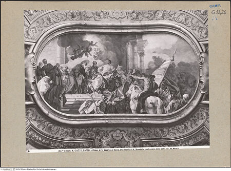 Vorderseite von Alinari [https://www.deutsche-digitale-bibliothek.de/content/lizenzen/rv-ez/] Szenen aus dem Leben des heiligen Benedikt von NursiaTotila, König der Ostoten, besucht den heiligen Benedikt auf dem Monte Cassino - Gesamtansicht, bh184190_recto. Foto.