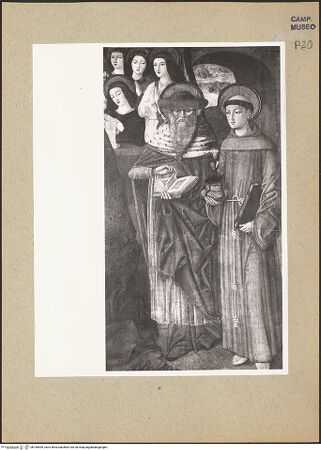 Vorderseite von Hutzel, Max [https://www.deutsche-digitale-bibliothek.de/content/lizenzen/rv-ez/] Madonna mit den Heiligen Franziskus, Johannes dem Täufer, Hieronymus und Antonius von Padua; Verkündigung - Detail, bh184659_recto. Foto: Hutzel, Max.