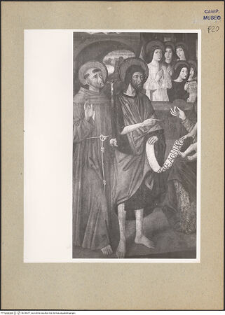 Vorderseite von Hutzel, Max [https://www.deutsche-digitale-bibliothek.de/content/lizenzen/rv-ez/] Madonna mit den Heiligen Franziskus, Johannes dem Täufer, Hieronymus und Antonius von Padua; Verkündigung - Detail, bh184677_recto. Foto: Hutzel, Max.