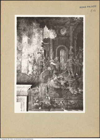 Vorderseite von Sopr. Mon. Laz. [https://www.deutsche-digitale-bibliothek.de/content/lizenzen/rv-ez/] Szenen aus dem Leben von Papst Paul III.Papst Paul III. krönt einen Farnese-Prinzen (entweder seinen Sohn Pierluigi oder den Neffen Ottavio), Allegorien von Fama und Gloria - linke Hälfte der Westwand mit zerstörtem Fresko einer unkenntlichen Allegorie, bh186021_recto. Foto.