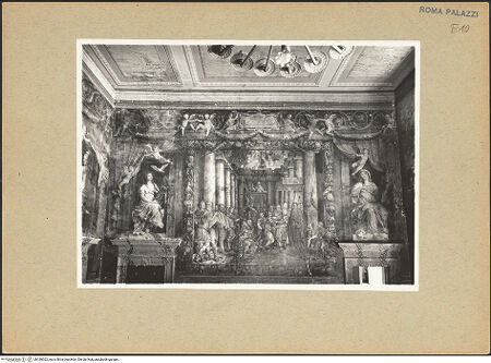 Vorderseite von Sopr. Mon. Laz. [https://www.deutsche-digitale-bibliothek.de/content/lizenzen/rv-ez/] Szenen aus dem Leben von Papst Paul III.Papst Julius III. zeichnet einen Soldaten als Kreuzritter aus, Allegorien von Religion und Kirche - Gesamtansicht der Ostwand, bh186022_recto. Foto: Keaveney.