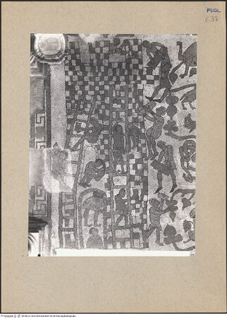 Vorderseite von ICCD [https://www.deutsche-digitale-bibliothek.de/content/lizenzen/rv-ez/] Fußbodenmosaik des Mittelschiffes (Lebensbaum, Alexander der Große, der Turm von Babel, Geschichte des Noah, Monatsarbeiten, der Sündenfall, Abel und Kain, König Artus) - Mittelteil, linke Seite, Detail: der Turm von Babel (vor der Restaurierung 1986-1991), bh186212_recto. Foto.