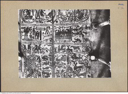 Vorderseite von ICCD [https://www.deutsche-digitale-bibliothek.de/content/lizenzen/rv-ez/] Fußbodenmosaik des Mittelschiffes (Lebensbaum, Alexander der Große, der Turm von Babel, Geschichte des Noah, Monatsarbeiten, der Sündenfall, Abel und Kain, König Artus) - Mittelteil (vor der Restaurierung 1986-1991), bh186221_recto. Foto.