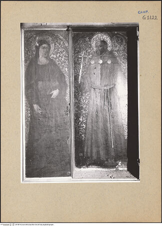 Vorderseite von ICCD [https://www.deutsche-digitale-bibliothek.de/content/lizenzen/rv-ez/] Heiliger Franz von Assisi zwischen den heiligen Katharina und Lucia - Heilige Katharina und Heiliger Franziskus (vor der Restaurierung), bh188164_recto. Foto.