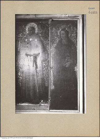 Vorderseite von ICCD [https://www.deutsche-digitale-bibliothek.de/content/lizenzen/rv-ez/] Heiliger Franz von Assisi zwischen den heiligen Katharina und Lucia - Heiliger Franziskus und Heilige Lucia (vor der Restaurierung), bh188165_recto. Foto.