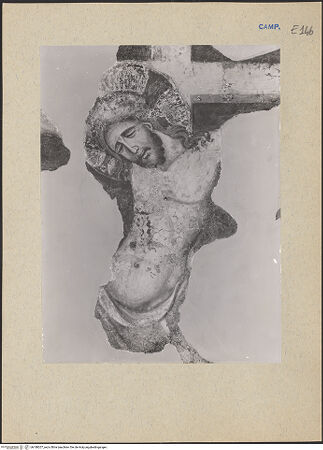 Vorderseite von ICCD [https://www.deutsche-digitale-bibliothek.de/content/lizenzen/rv-ez/] Szenen aus dem Leben der Heiligen und Kreuzigung ChristiKreuzigung mit Heiligen und Stifter - Detail: Christus, bh188207_recto. Foto.