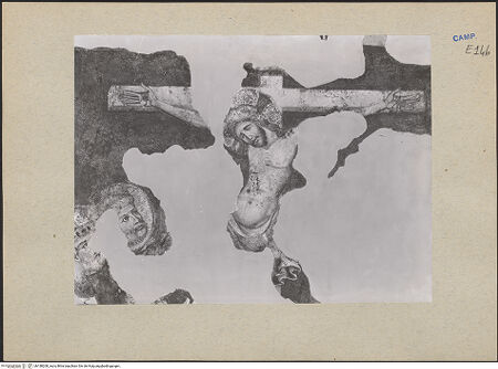 Vorderseite von ICCD [https://www.deutsche-digitale-bibliothek.de/content/lizenzen/rv-ez/] Szenen aus dem Leben der Heiligen und Kreuzigung ChristiKreuzigung mit Heiligen und Stifter - Detail: Christus, Januarius und Petrus, bh188208_recto. Foto.