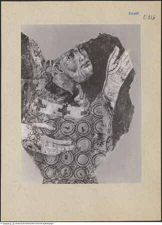 Vorderseite von ICCD [https://www.deutsche-digitale-bibliothek.de/content/lizenzen/rv-ez/] Szenen aus dem Leben der Heiligen und Kreuzigung ChristiKreuzigung mit Heiligen und Stifter - Detail: Stifter (Bischof Filippo Minutolo?), bh188209_recto. Foto.