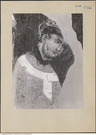 Vorderseite von ICCD [https://www.deutsche-digitale-bibliothek.de/content/lizenzen/rv-ez/] Szenen aus dem Leben der Heiligen und Kreuzigung ChristiKreuzigung mit Heiligen und Stifter - Detail: Heiliger Bischof (links), bh188211_recto. Foto.