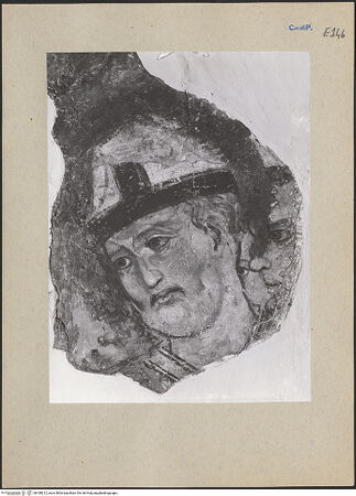 Vorderseite von ICCD [https://www.deutsche-digitale-bibliothek.de/content/lizenzen/rv-ez/] Szenen aus dem Leben der Heiligen und Kreuzigung ChristiKreuzigung mit Heiligen und Stifter - Detail: Heiliger (?) Bischof (rechts), bh188212_recto. Foto.