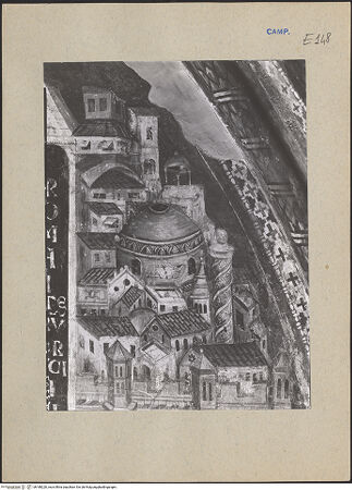 Vorderseite von ICCD [https://www.deutsche-digitale-bibliothek.de/content/lizenzen/rv-ez/] Szenen aus dem Leben der Heiligen und Kreuzigung ChristiChristus trifft Petrus auf der Via Appia (Domine, quo vadis?) - Detail: Stadt (Rom), bh188220_recto. Foto.