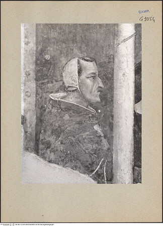 Vorderseite von ICCD [https://www.deutsche-digitale-bibliothek.de/content/lizenzen/rv-ez/] Die sieben Sakramente und der Triumph der KircheSakrament der Taufe - Detail: Mann am Taufbecken (während der Restaurierung), bh188273_recto. Foto.