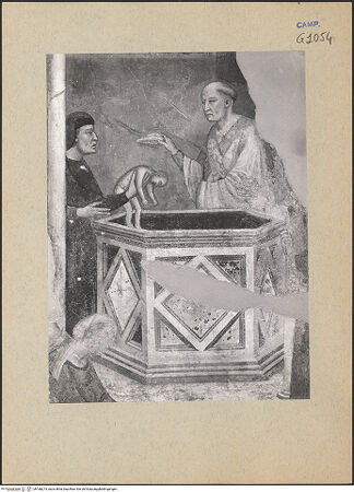 Vorderseite von ICCD [https://www.deutsche-digitale-bibliothek.de/content/lizenzen/rv-ez/] Die sieben Sakramente und der Triumph der KircheSakrament der Taufe - Detail: Vater, Kind und Priester am Taufbecken (während der Restaurierung), bh188274_recto. Foto.