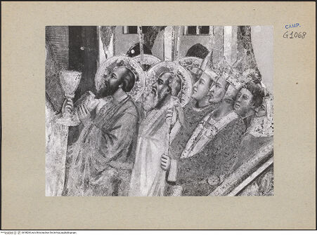 Vorderseite von ICCD [https://www.deutsche-digitale-bibliothek.de/content/lizenzen/rv-ez/] Die sieben Sakramente und der Triumph der KircheTriumph der Kirche - Detail: Gruppe rechts (während der Restaurierung), bh188284_recto. Foto.