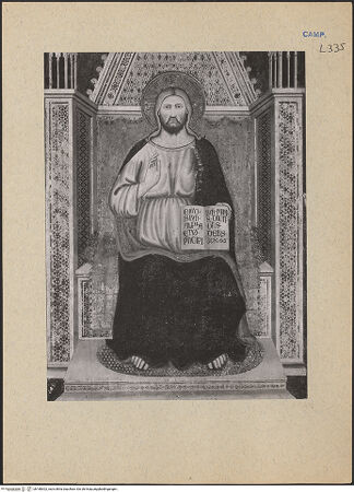 Vorderseite von ICCD [https://www.deutsche-digitale-bibliothek.de/content/lizenzen/rv-ez/] Christus thronend mit Heiligen, Karl von Kalabrien, König Robert 1, Sancia von Mallorca und Johanna 1. von Neapel - Detail: Christus, bh188302_recto. Foto.