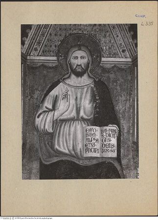 Vorderseite von ICCD [https://www.deutsche-digitale-bibliothek.de/content/lizenzen/rv-ez/] Christus thronend mit Heiligen, Karl von Kalabrien, König Robert 1, Sancia von Mallorca und Johanna 1. von Neapel - Detail: Christus (oberes Teil), bh188303_recto. Foto.