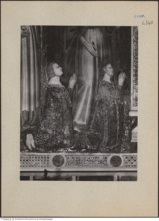 Vorderseite von ICCD [https://www.deutsche-digitale-bibliothek.de/content/lizenzen/rv-ez/] Christus thronend mit Heiligen, Karl von Kalabrien, König Robert 1, Sancia von Mallorca und Johanna 1. von Neapel - Detail: Karl von Kalabrien und Robert der Weise, bh188304_recto. Foto.