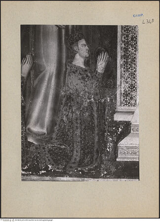 Vorderseite von ICCD [https://www.deutsche-digitale-bibliothek.de/content/lizenzen/rv-ez/] Christus thronend mit Heiligen, Karl von Kalabrien, König Robert 1, Sancia von Mallorca und Johanna 1. von Neapel - Detail: Robert der Weise, bh188305_recto. Foto.